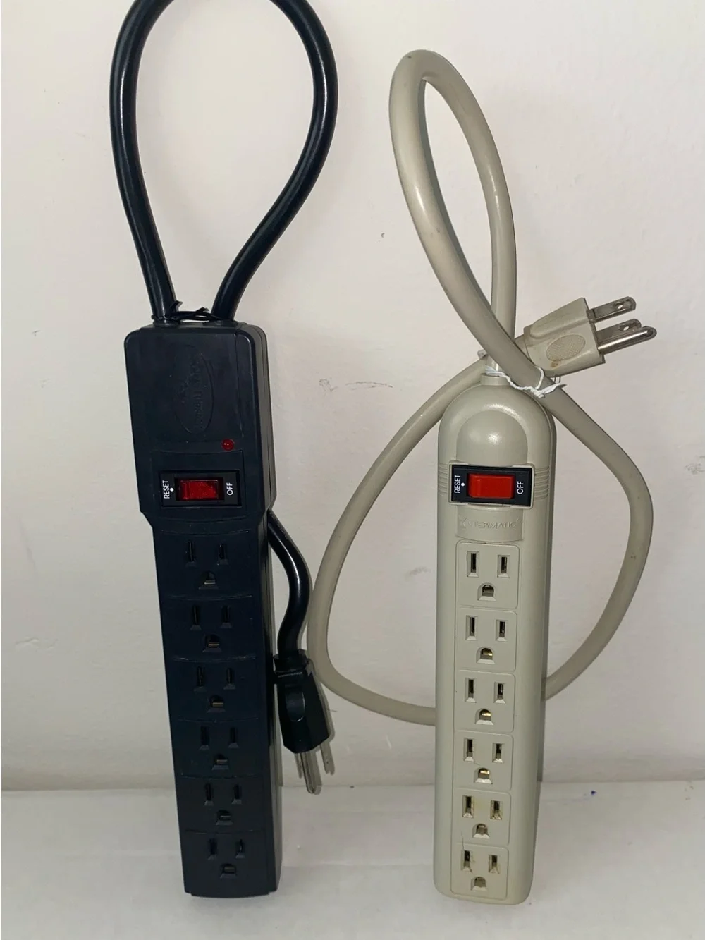 2 Electrical Outlet/Surge Protector Power Strips with Reset Switch.Black & Beige